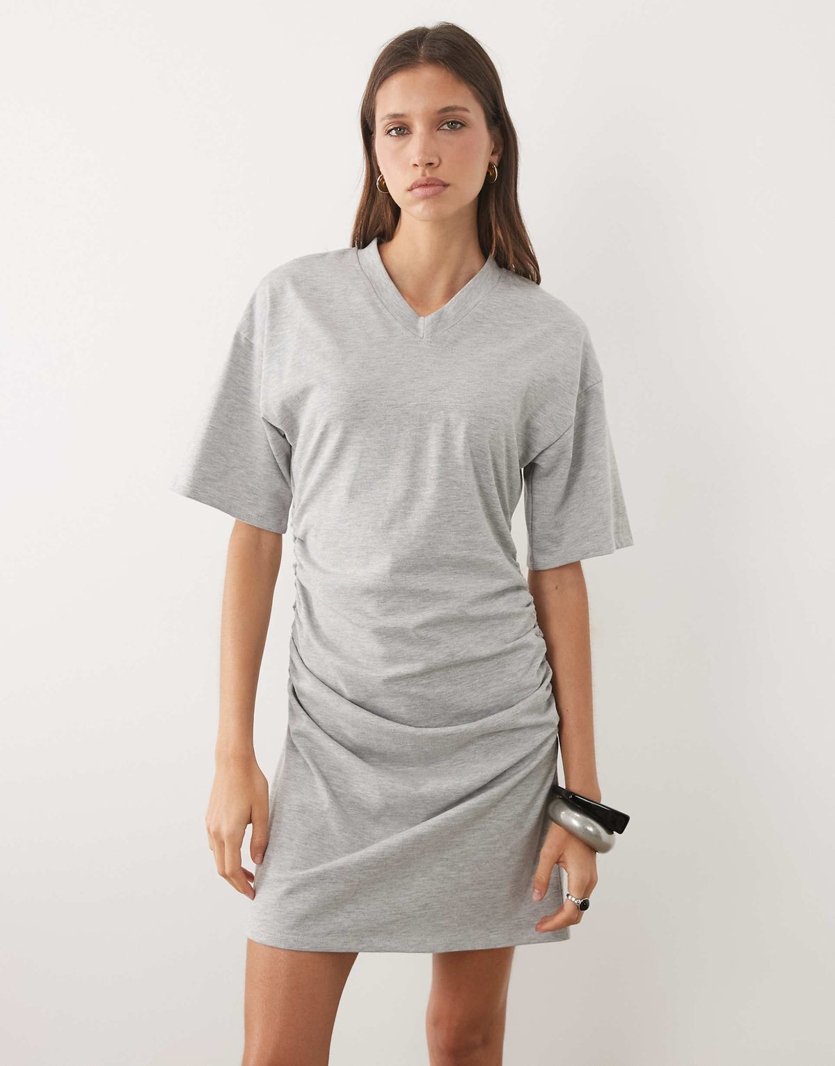 ASOS DESIGN T-shirt v neck dress with cinched waist in gray heather