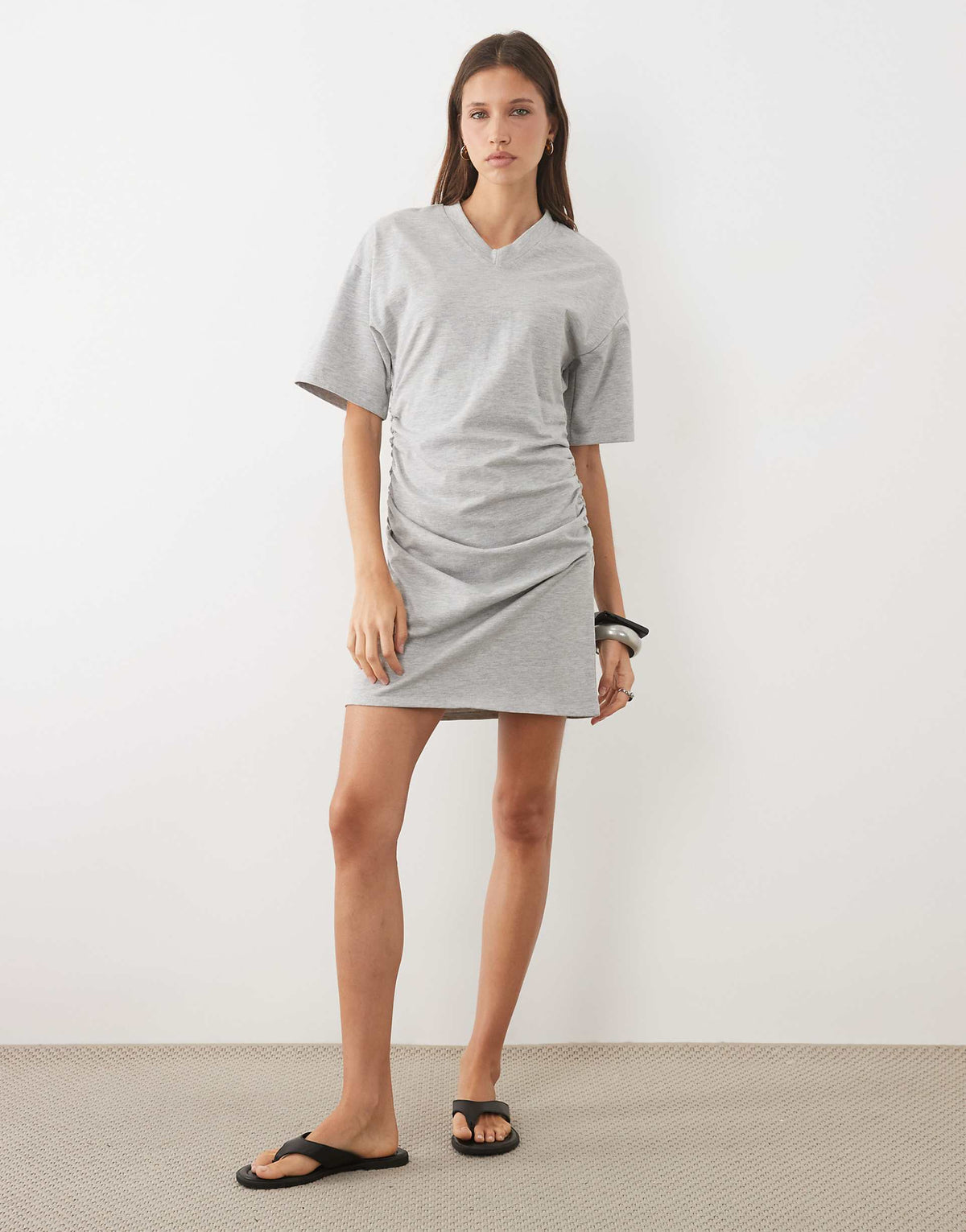 ASOS DESIGN T-shirt v neck dress with cinched waist in gray heather