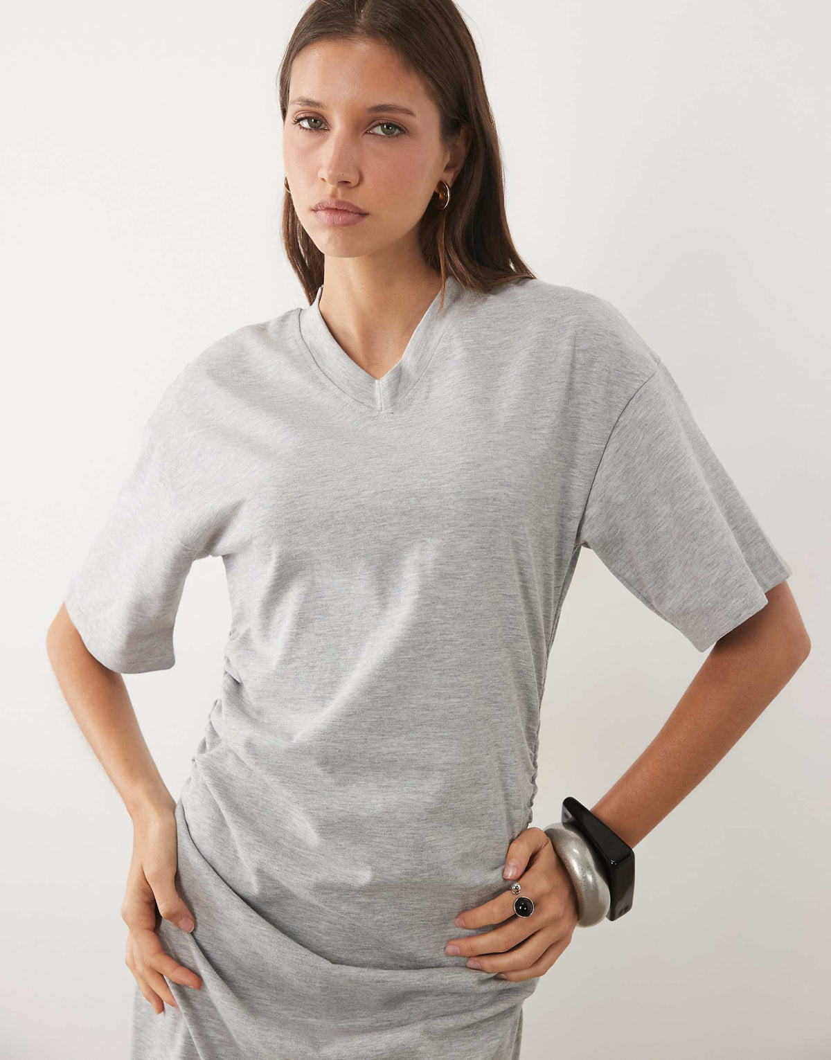 ASOS DESIGN T-shirt v neck dress with cinched waist in gray heather