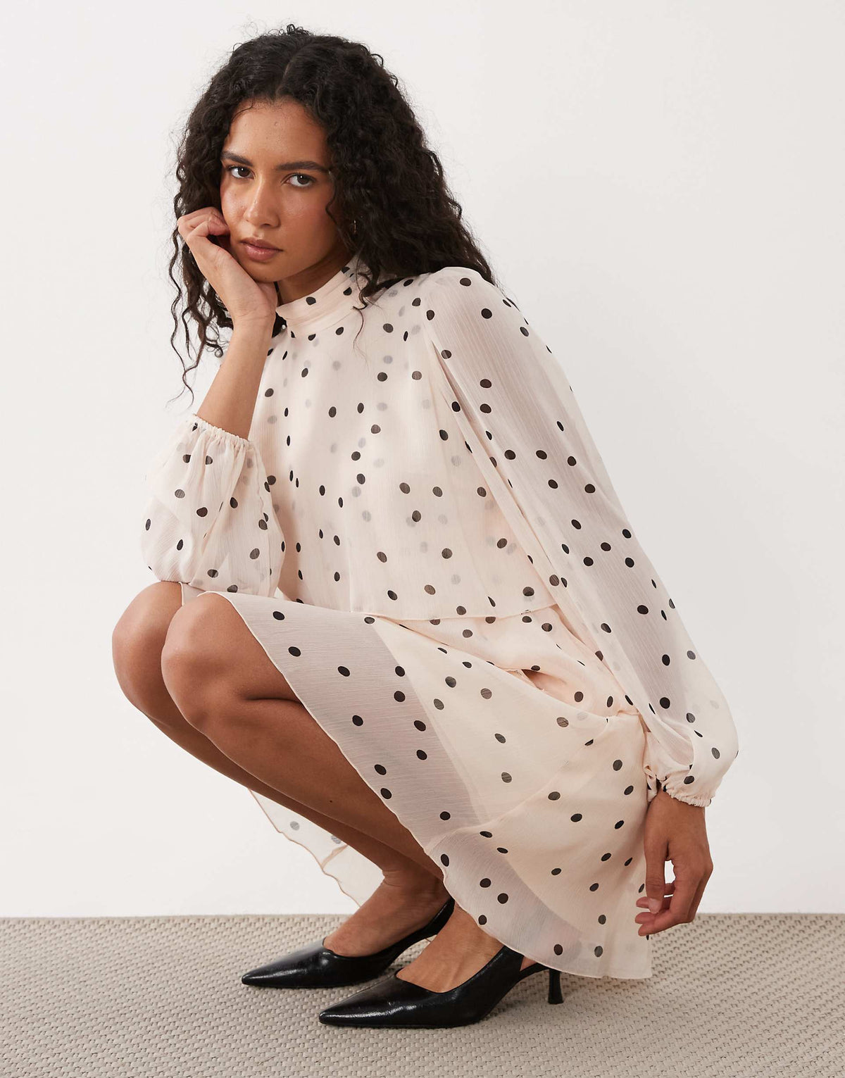 Mango high neck ruffle long sleeve mini dress in polka dot print