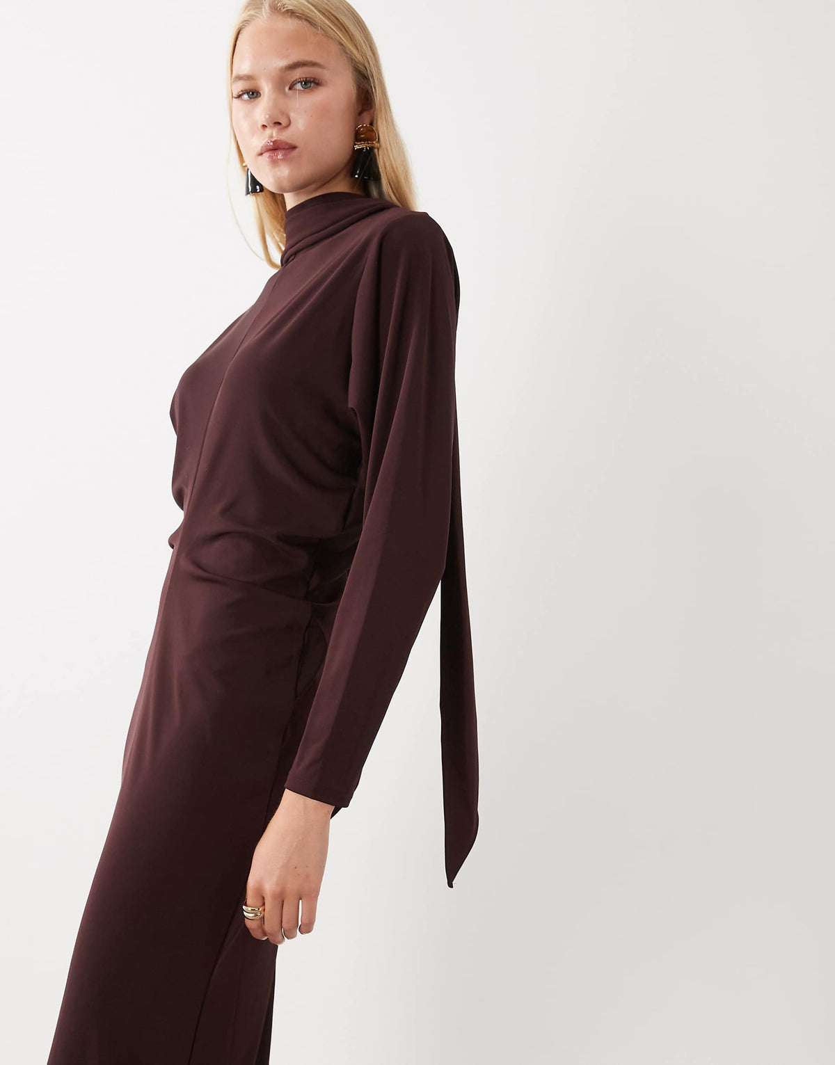 Mango knitted high neck midi dress in brown