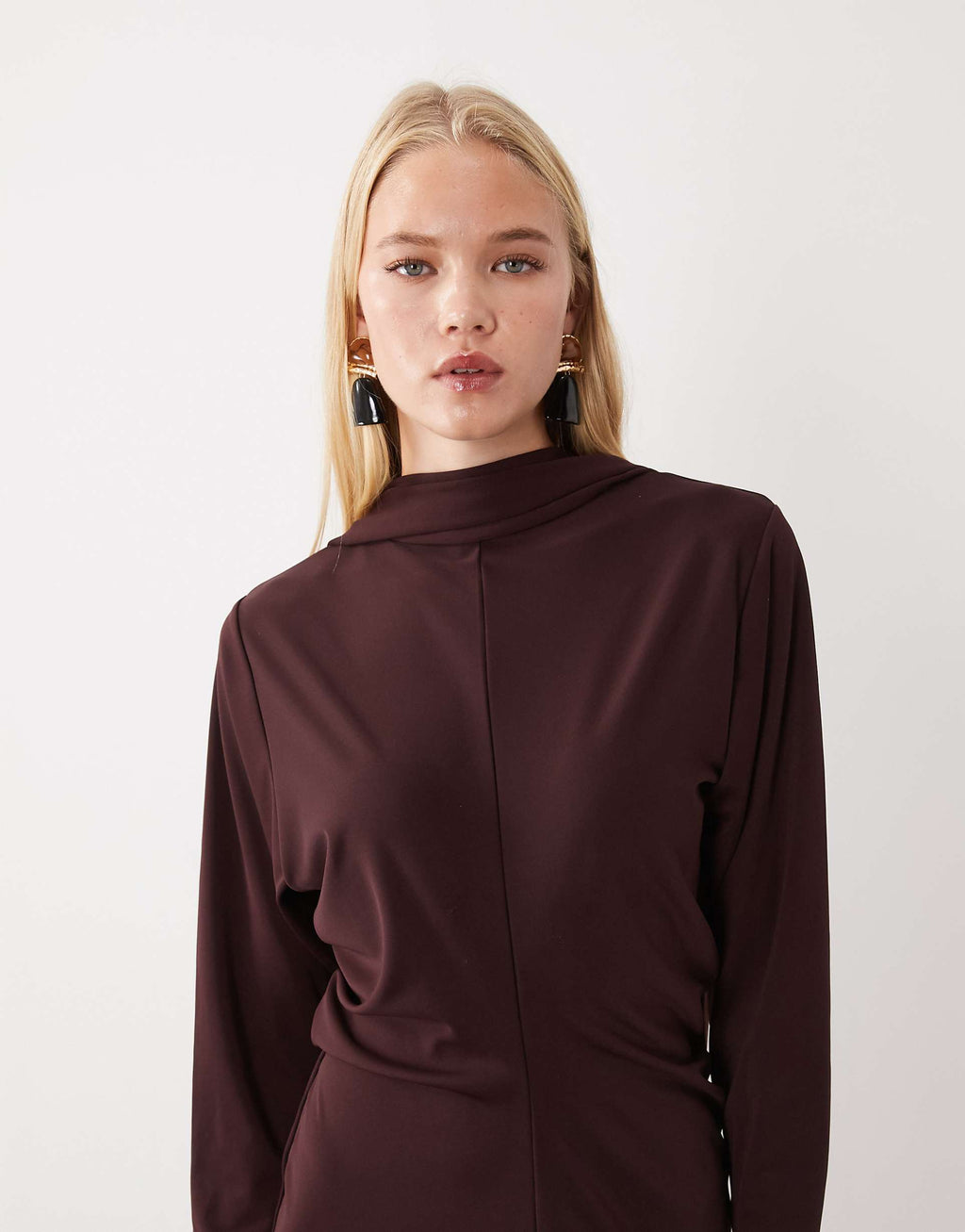 Mango knitted high neck midi dress in brown