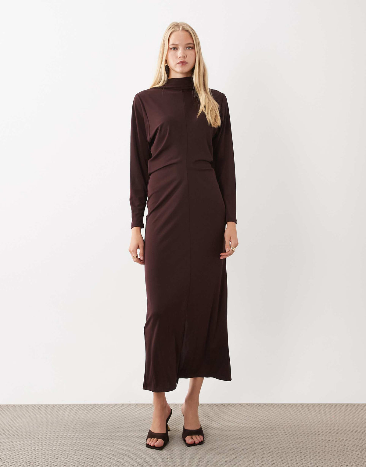 Mango knitted high neck midi dress in brown