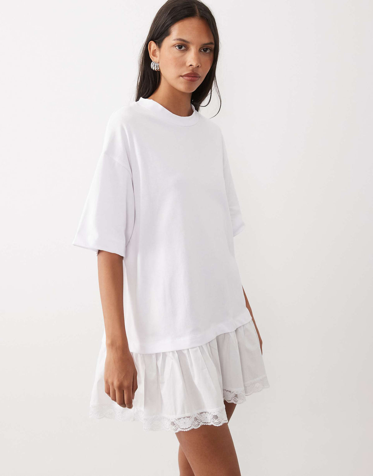 ASOS DESIGN t-shirt mini dress with white lace trim in white
