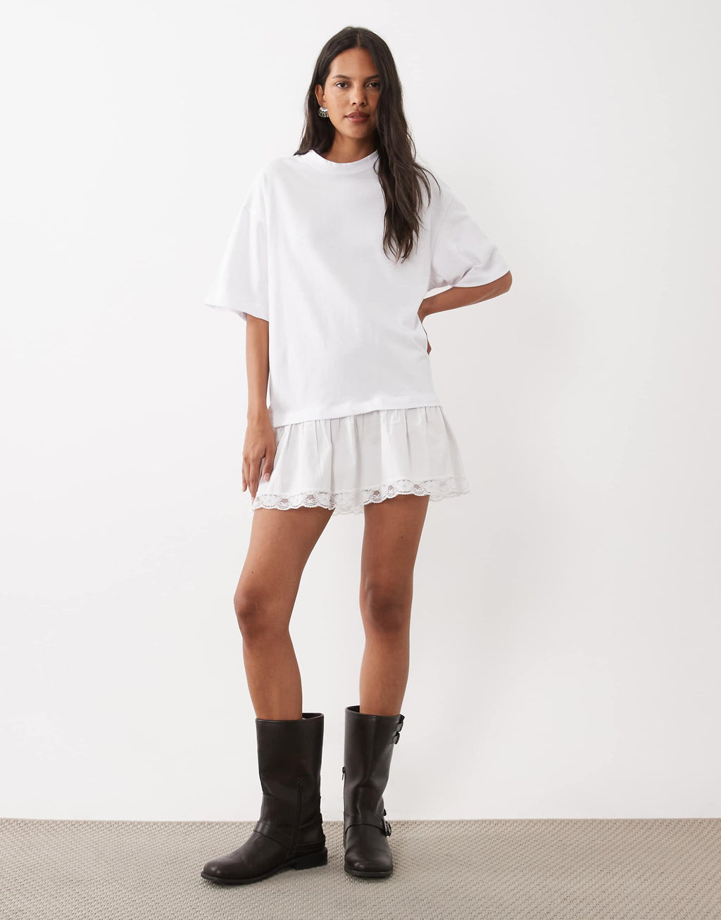 ASOS DESIGN t-shirt mini dress with white lace trim in white