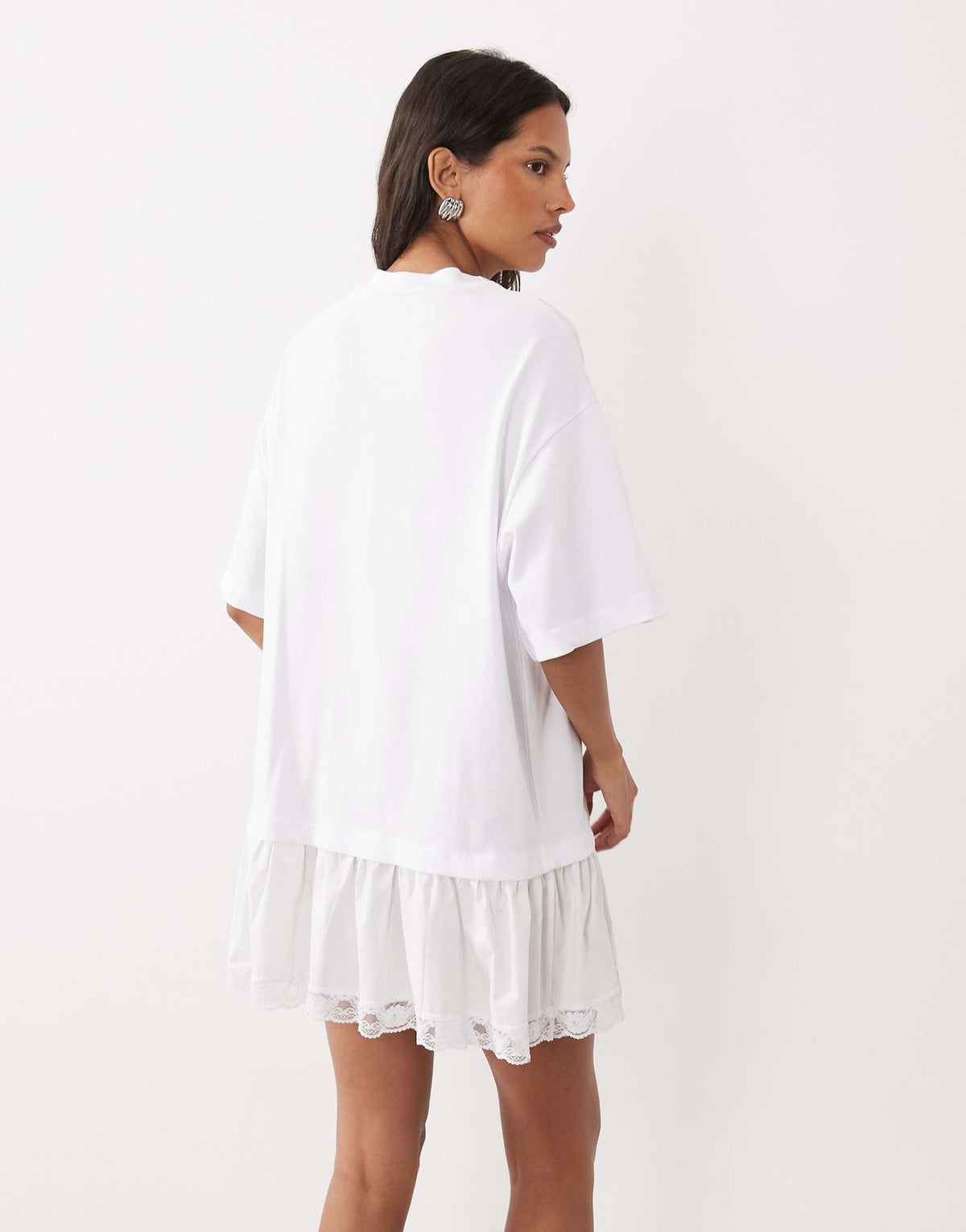 ASOS DESIGN t-shirt mini dress with white lace trim in white