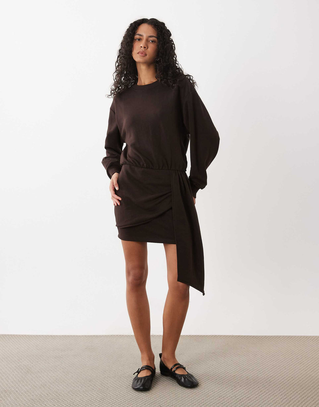ASOS DESIGN long sleeve draped waist midi dress in brown