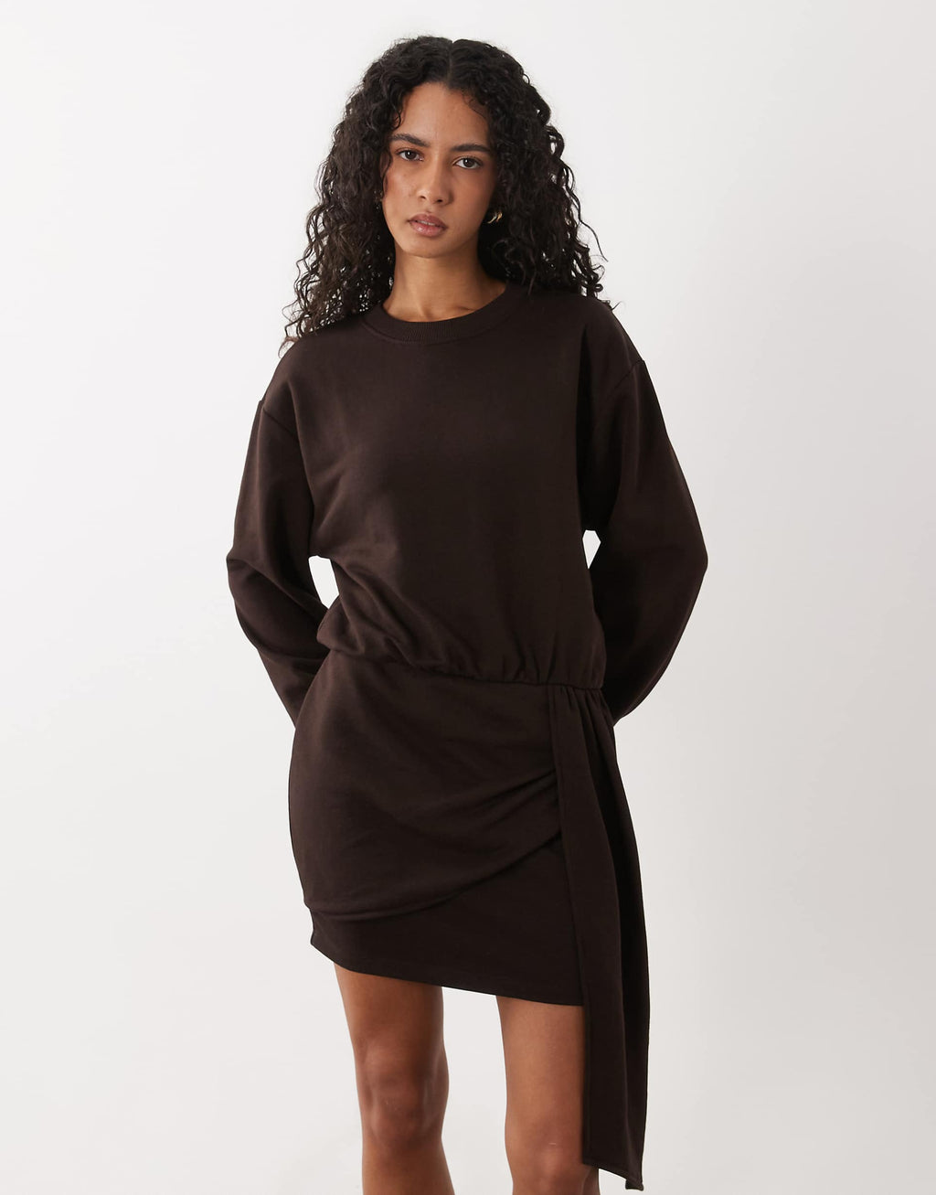 ASOS DESIGN long sleeve draped waist midi dress in brown