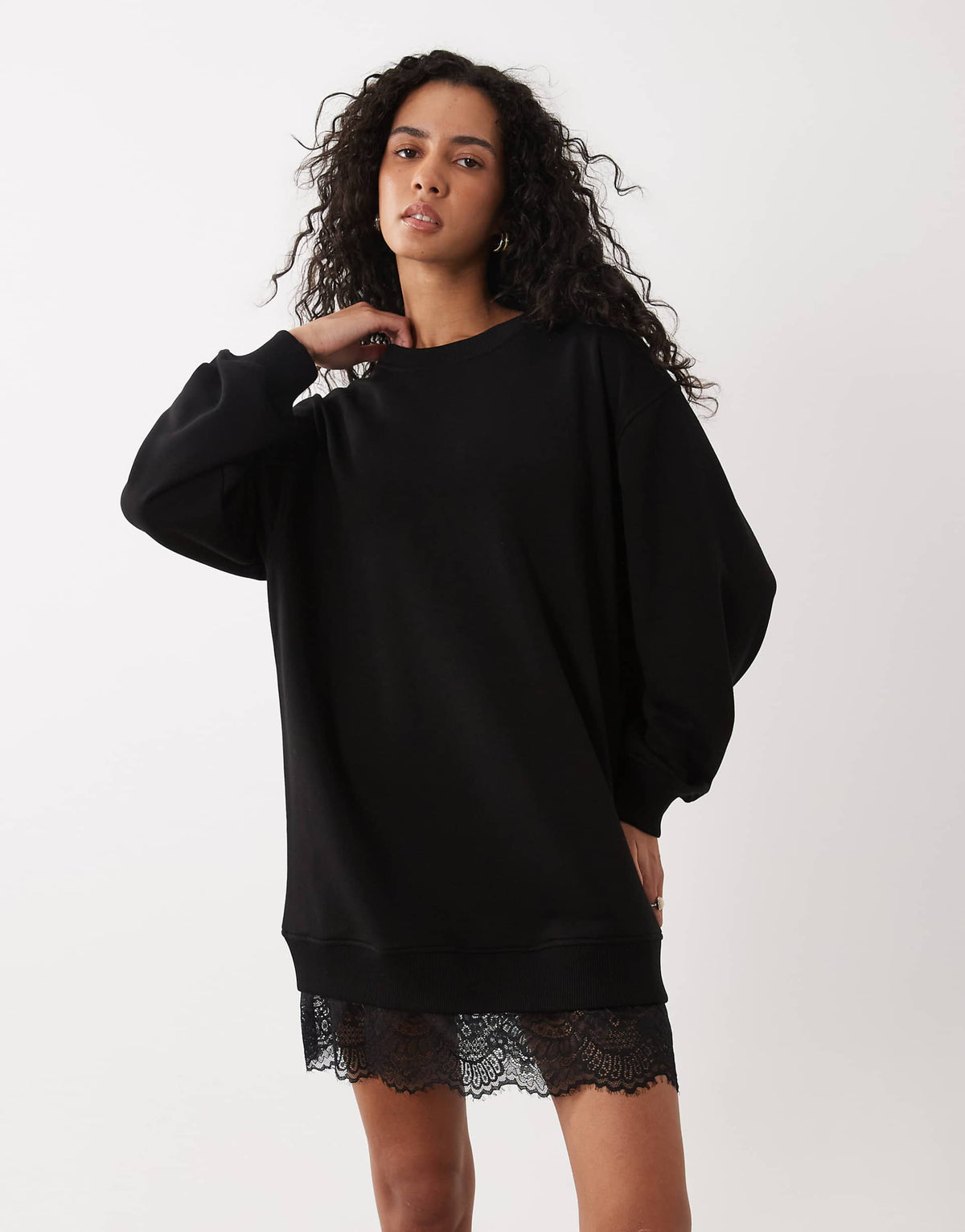 ASOS DESIGN long sleeve T-shirt mini dress with lace in black