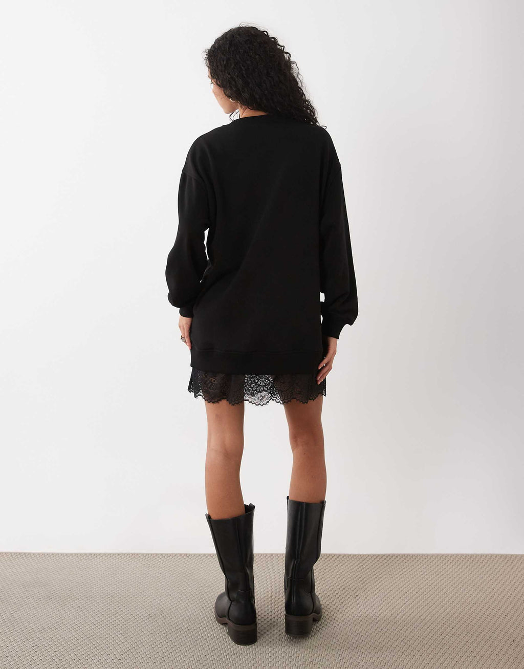 ASOS DESIGN long sleeve T-shirt mini dress with lace in black