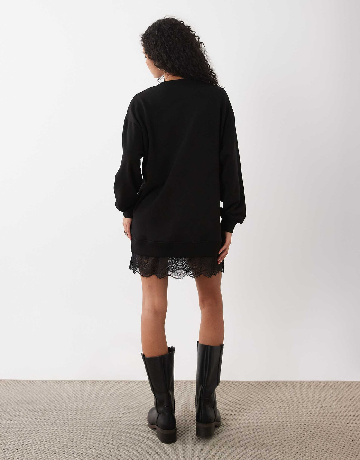 ASOS DESIGN long sleeve T-shirt mini dress with lace in black