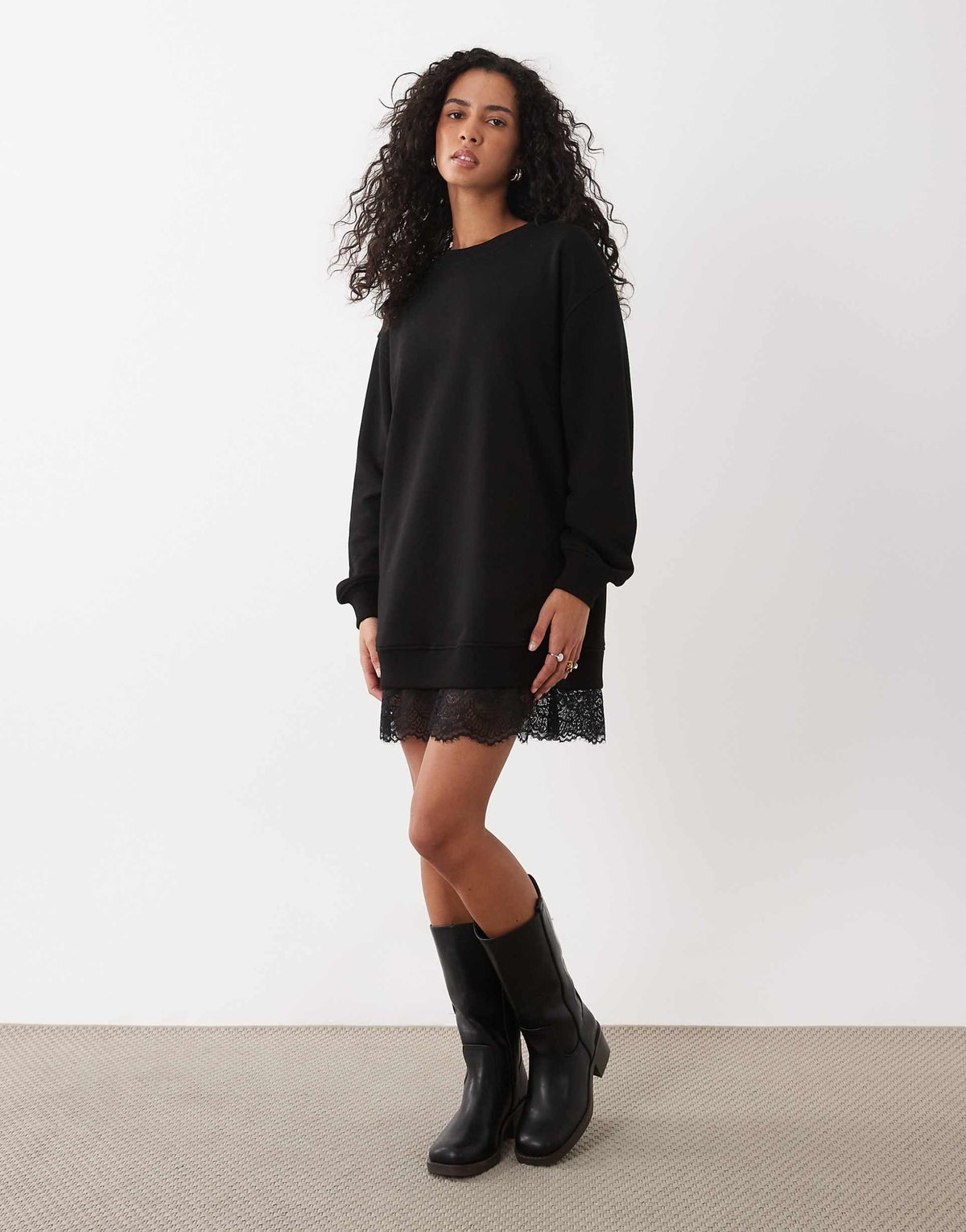 ASOS DESIGN long sleeve T-shirt mini dress with lace in black