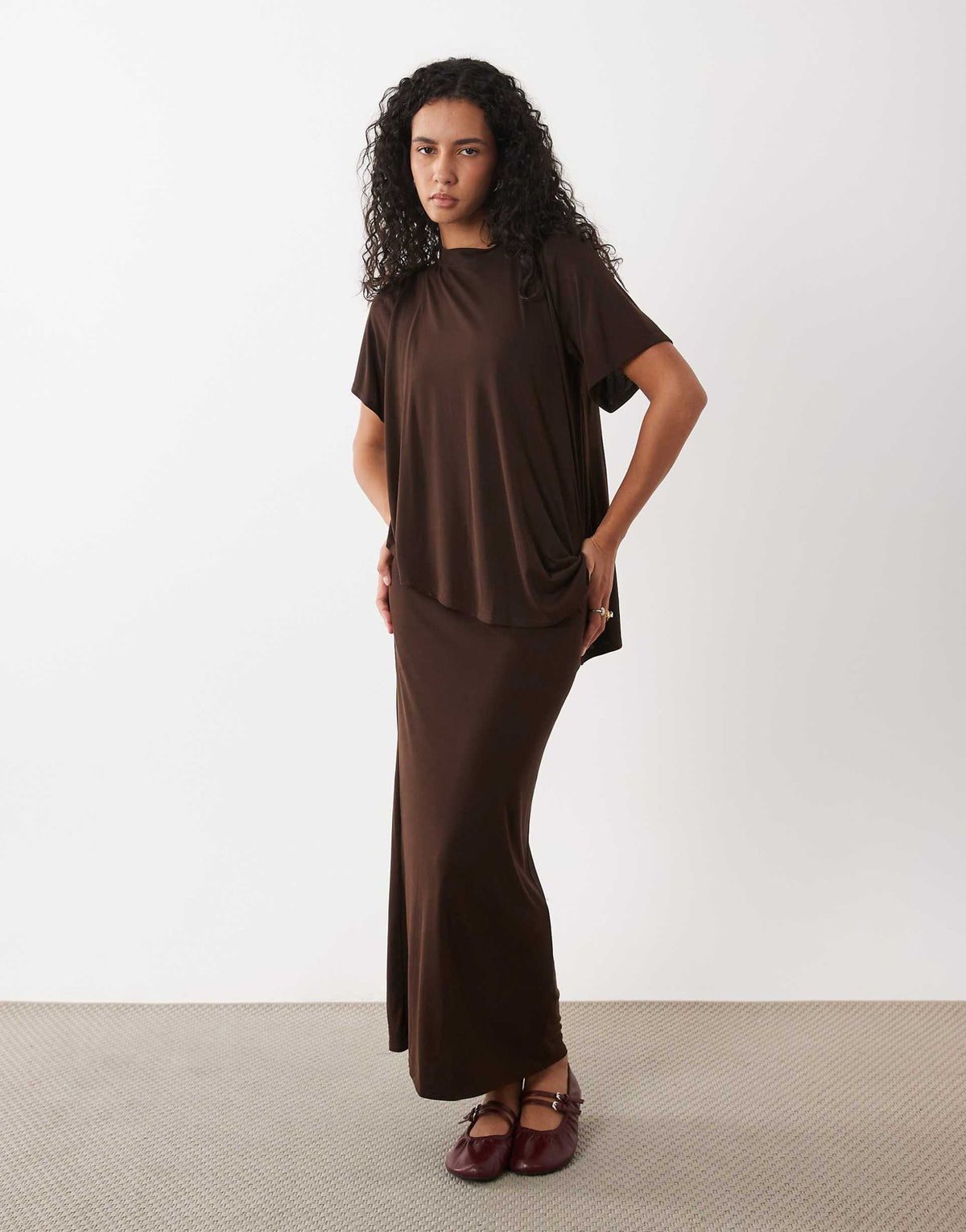 ASOS DESIGN modal short sleeve maxi dress with cape layer in brown
