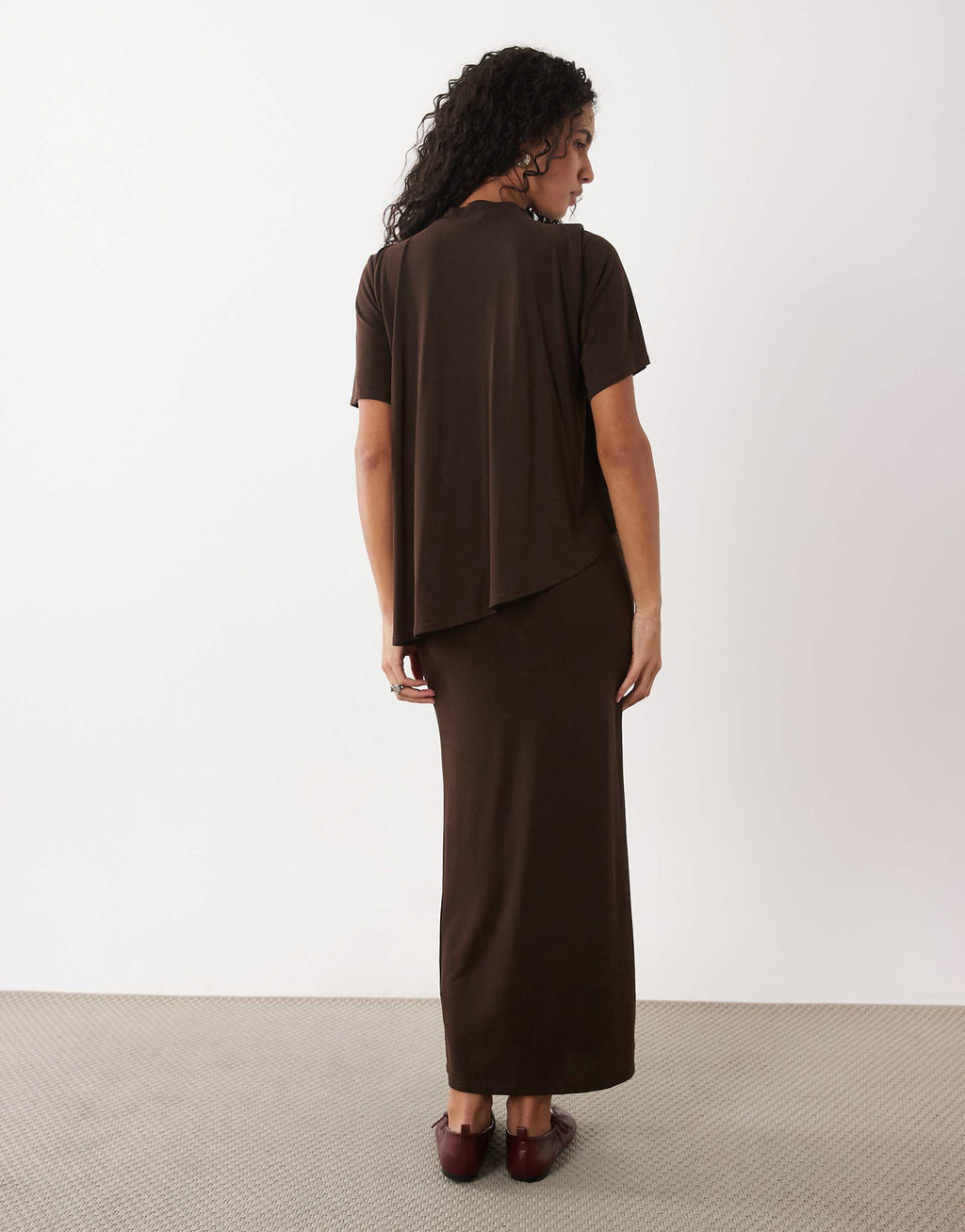 ASOS DESIGN modal short sleeve maxi dress with cape layer in brown