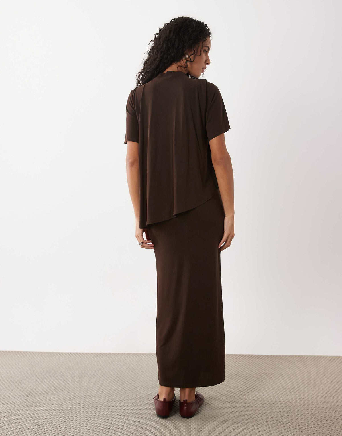 ASOS DESIGN modal short sleeve maxi dress with cape layer in brown