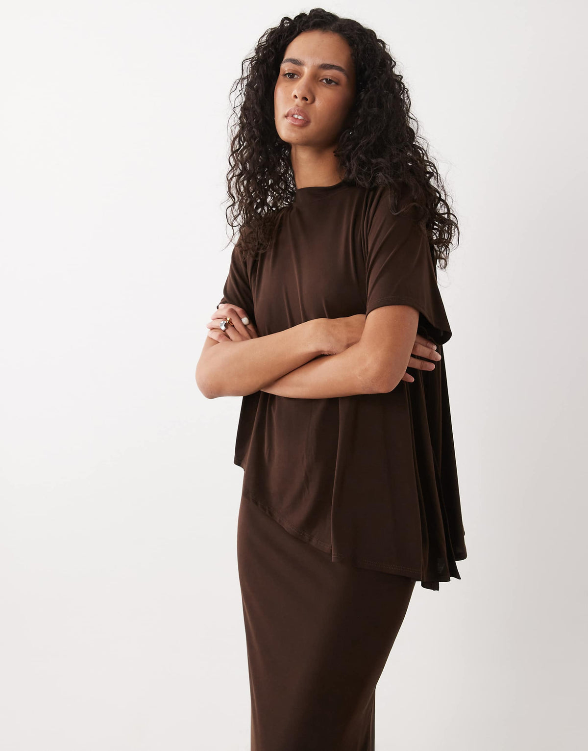 ASOS DESIGN modal short sleeve maxi dress with cape layer in brown