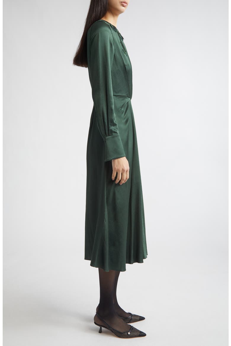 Embroidered Long Sleeve Satin Seersucker Midi Dress