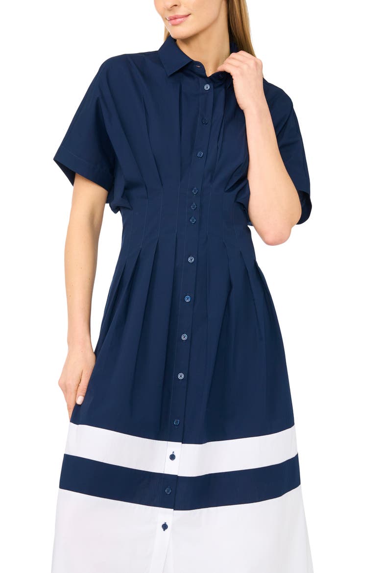 Colorblock Pleated Cotton Poplin Shirtdress