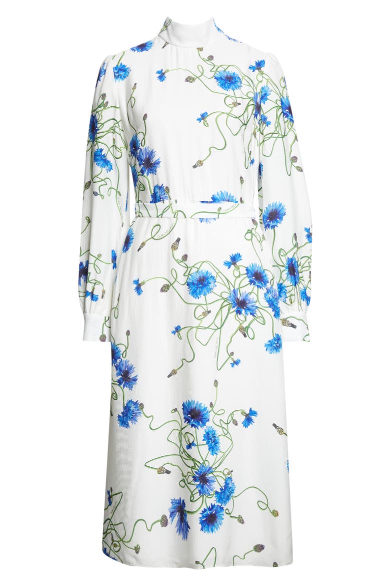 Cornflower Floral Print Long Sleeve Crepe Midi Dress