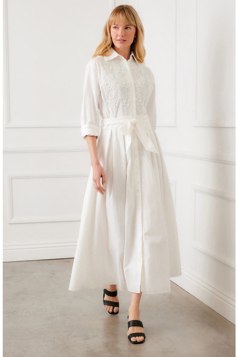 Floral Appliqué Long Sleeve Cotton & Linen Shirtdress