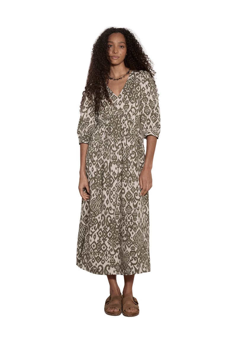 Ikat V-Neck 3/4 Sleeve Midi Dress