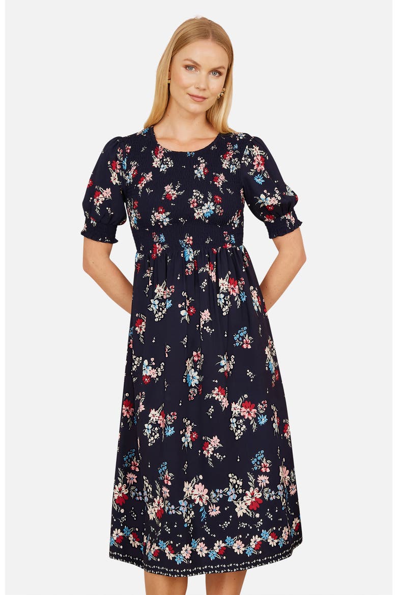 Smocked Bodice Floral Ruched Midi Dress