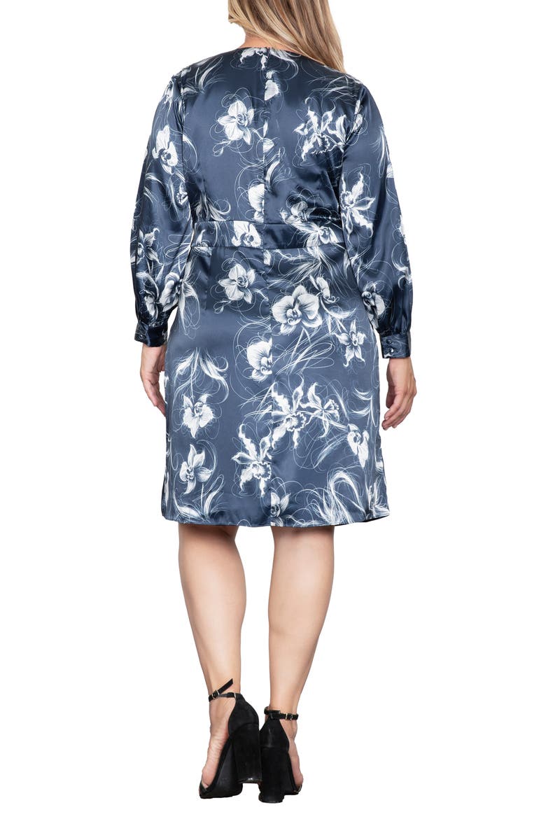Floral Print Long Sleeve Faux Wrap Satin Dress