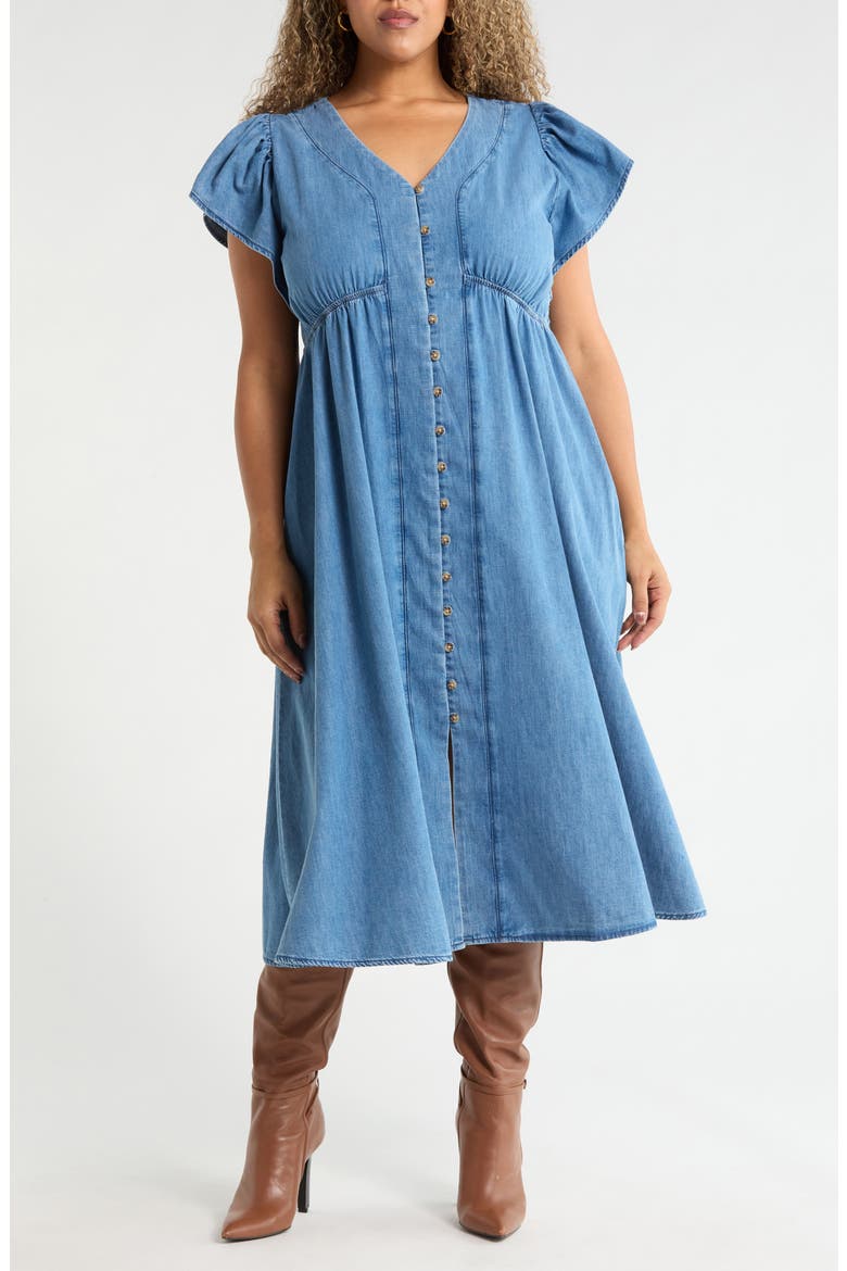 Flutter Sleeve Chambray Midi Dress