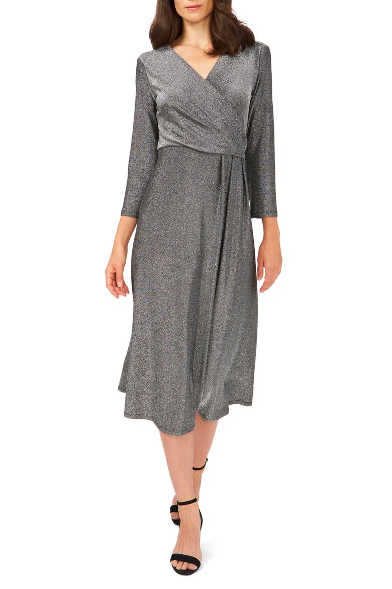 Three-Quarter Sleeve Faux Wrap Midi Dress
