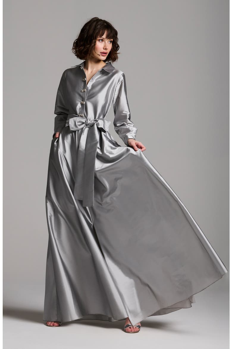 Crystal Bow Button Long Sleeve Taffeta A-Line Gown