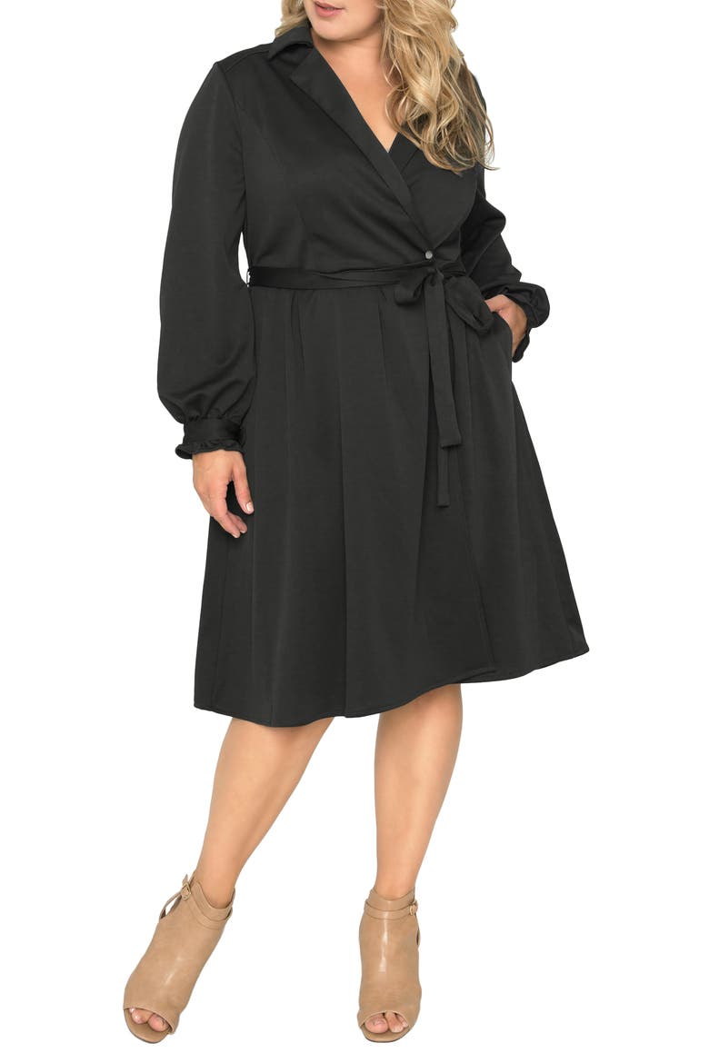 Notched Lapel Long Sleeve Crepe Wrap Dress