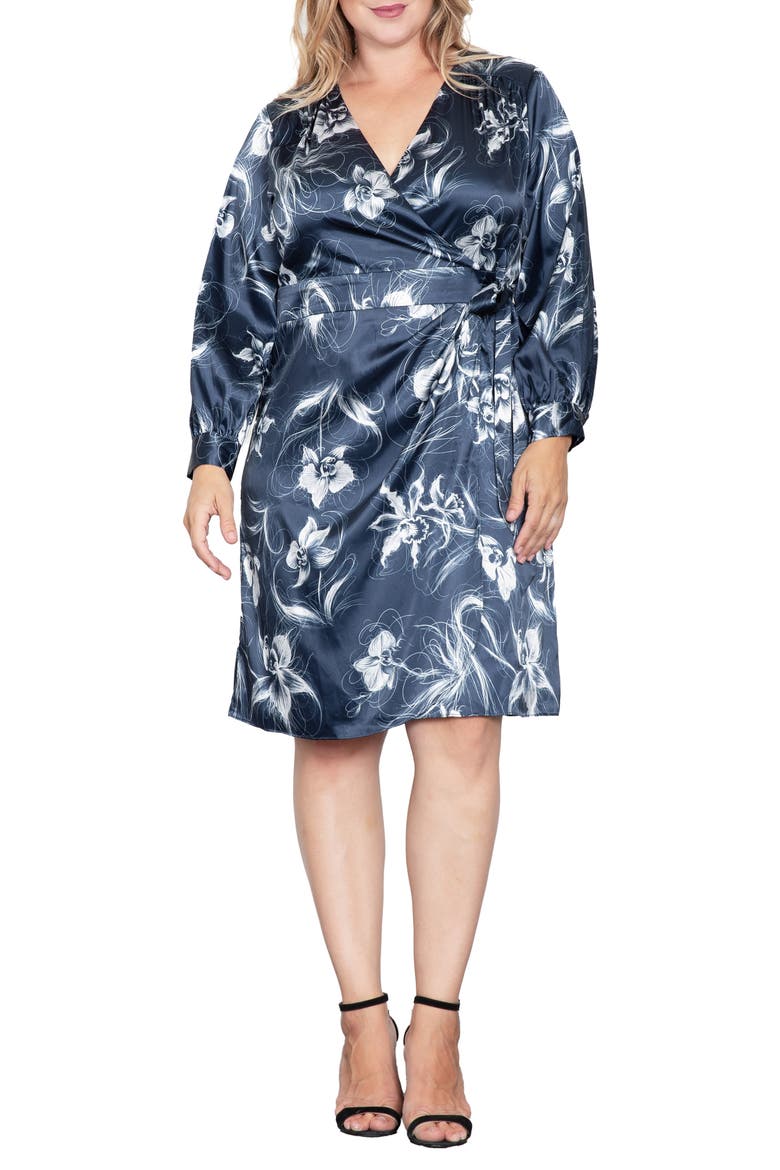 Floral Print Long Sleeve Faux Wrap Satin Dress