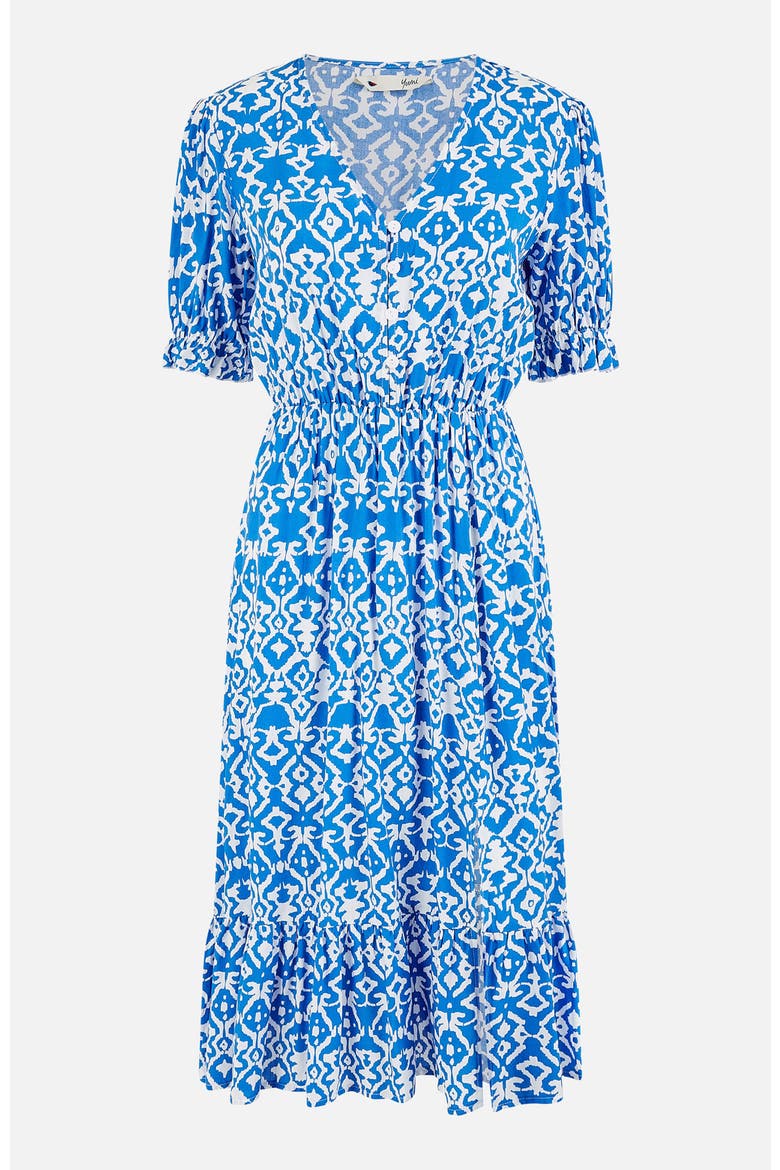 Geometric Print Puff Sleeve Midi Dress
