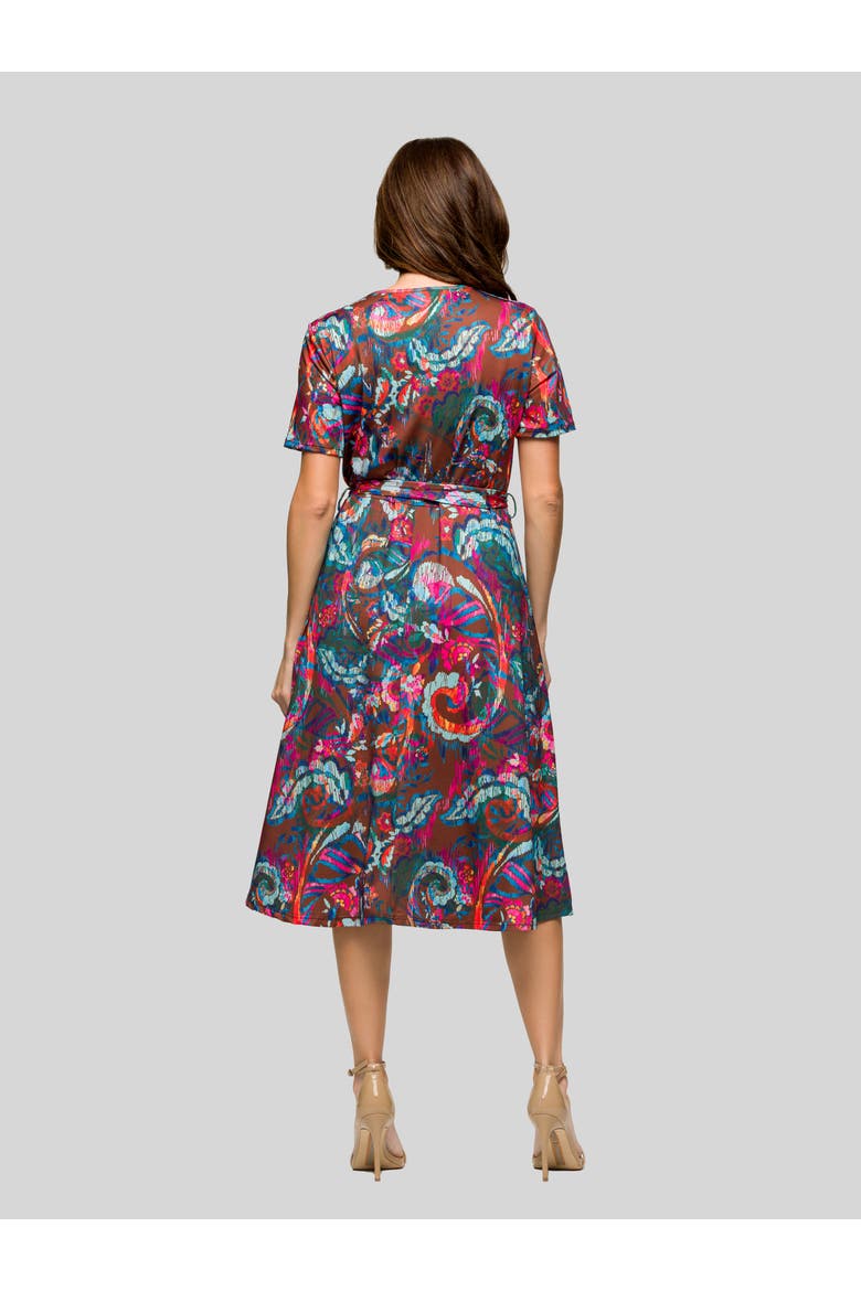 Brown and Pink Print Short Sleeve Tie Waist Midi Dress