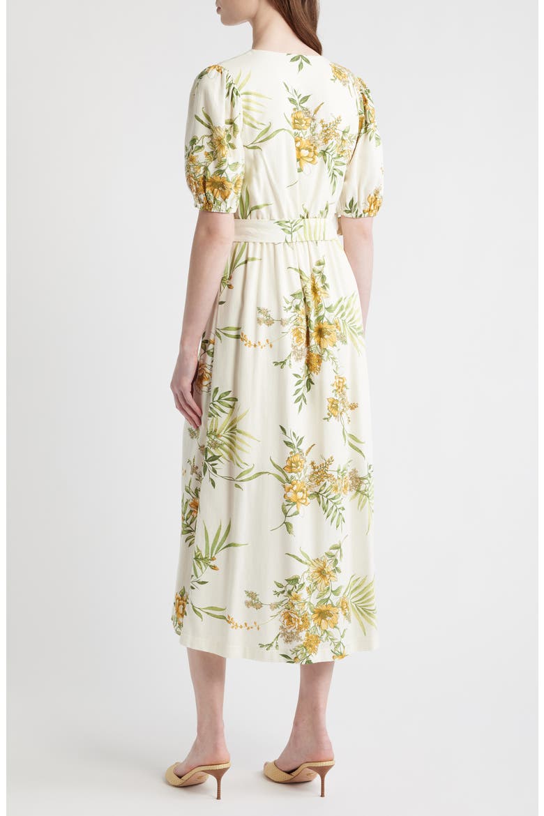 Printed Puff Sleeve Belted Midi Dress