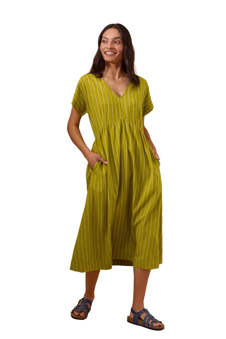 V-Neck Gathered-Waist Striped Midi Dress