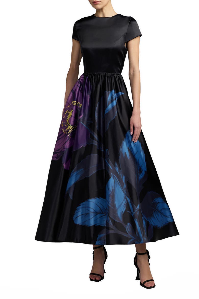 Satin Cap Sleeve Floral Printed A-Line Dress