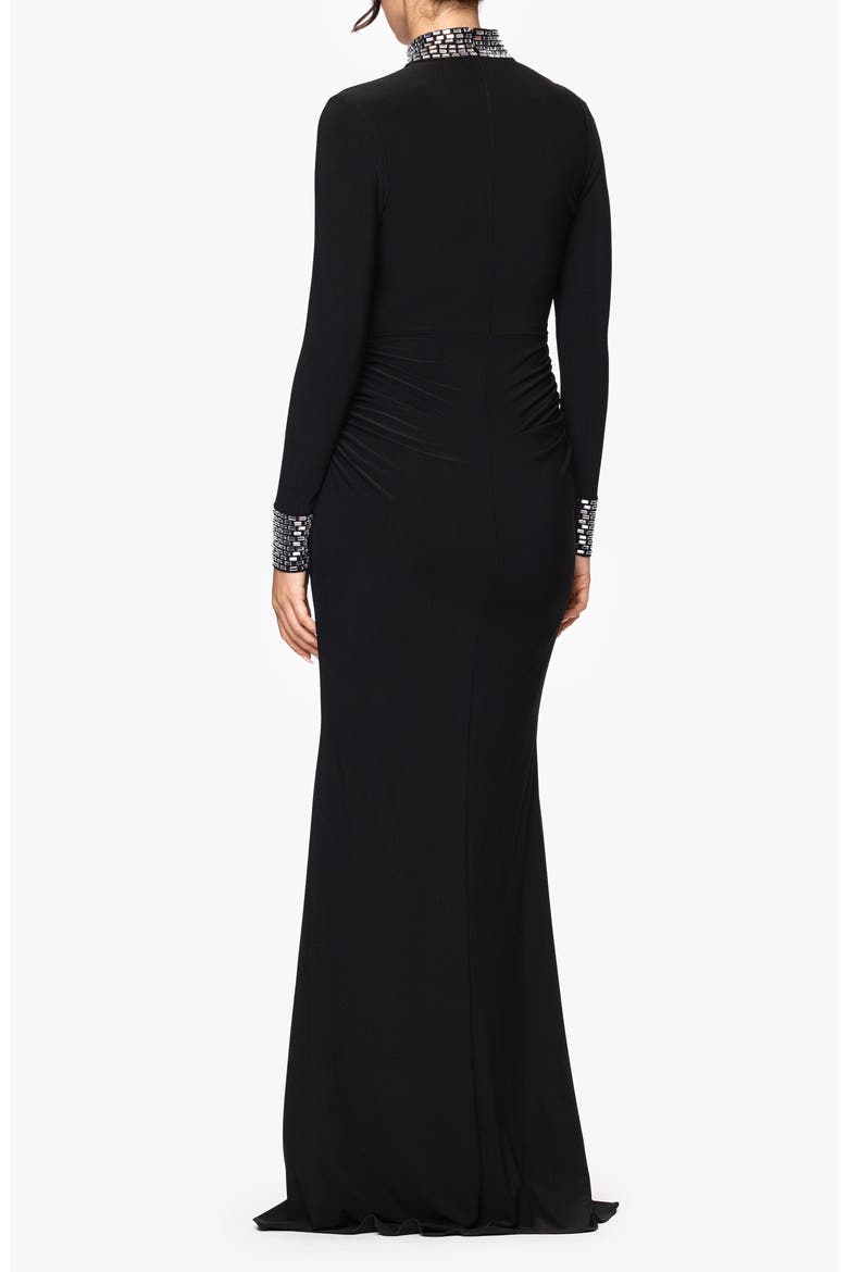 Ruched Beaded Long Sleeve Gown