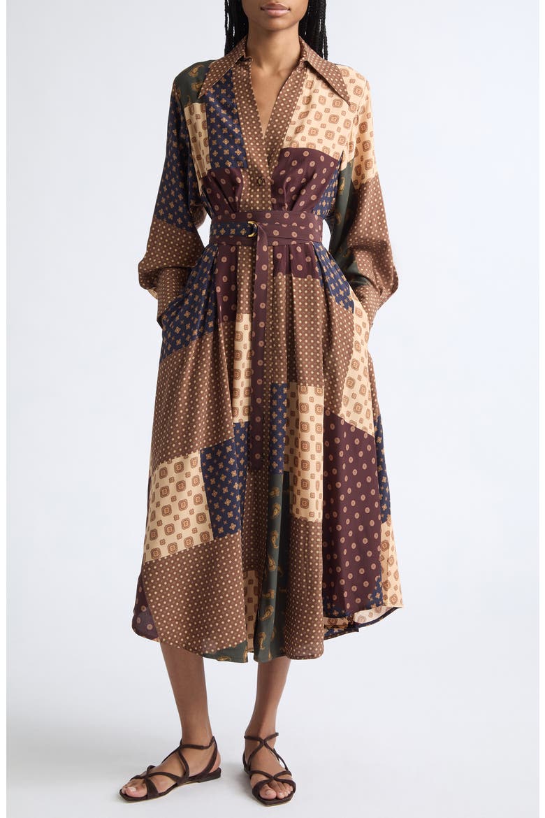 Patchwork Foulard Print Long Sleeve Midi Dress