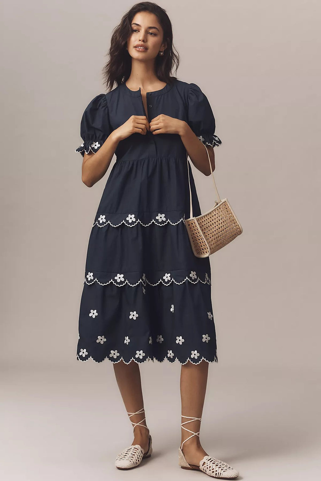 English Factory Puff-Sleeve Embroidered Midi Dress - Image 1