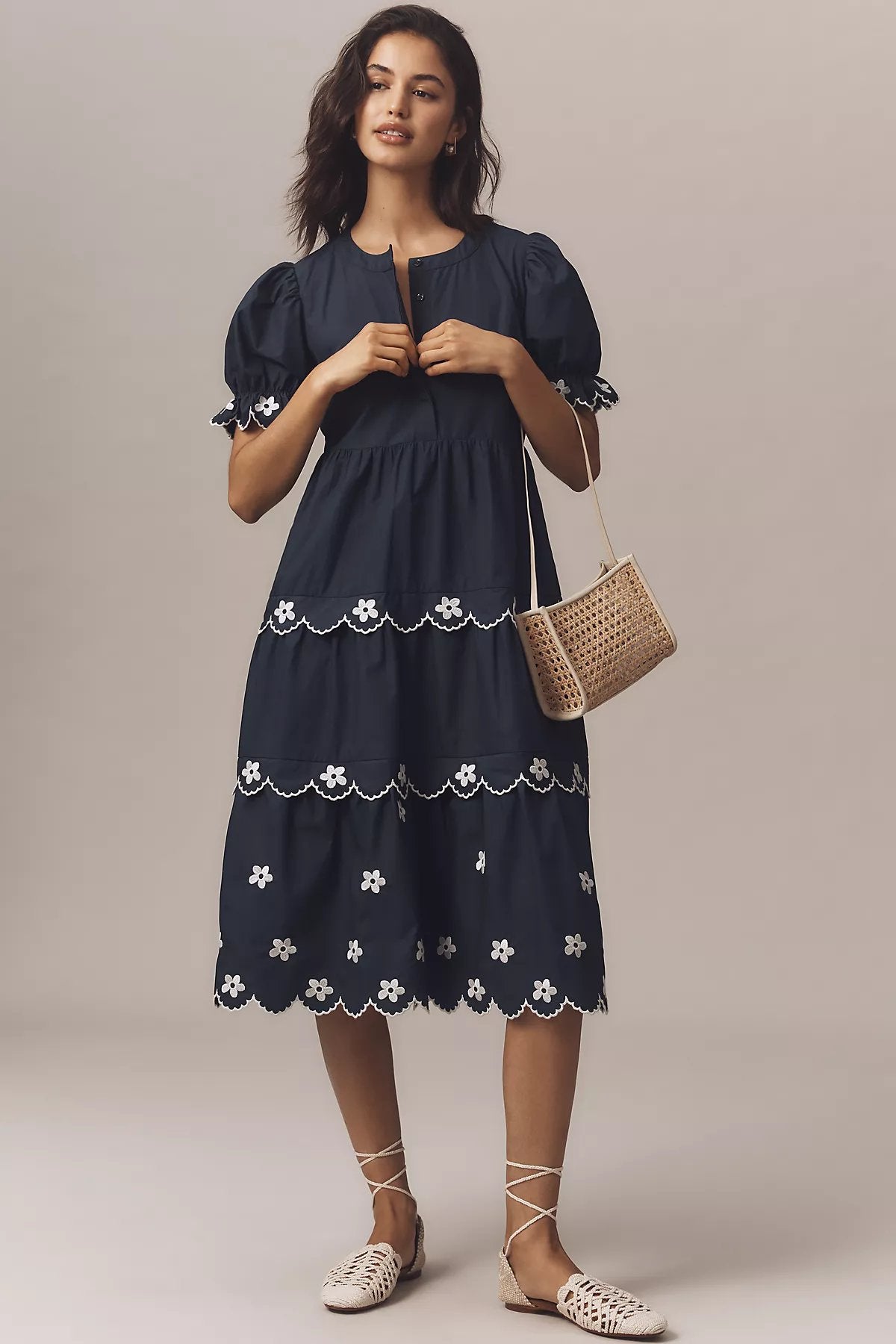 English Factory Puff-Sleeve Embroidered Midi Dress - Image 1