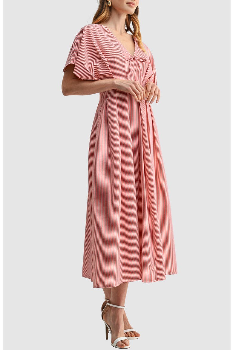 Stripe Pleat Waist A-Line Midi Dress
