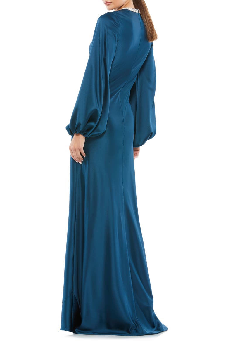 Beaded High Neck Bishop Sleeve Satin Gown