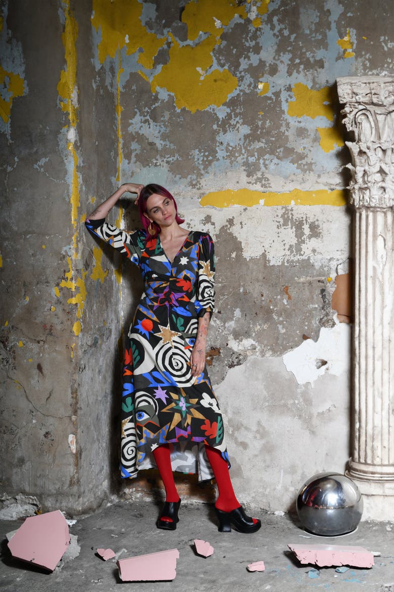 Anoita Puffed-Sleeve Printed Midi Dress