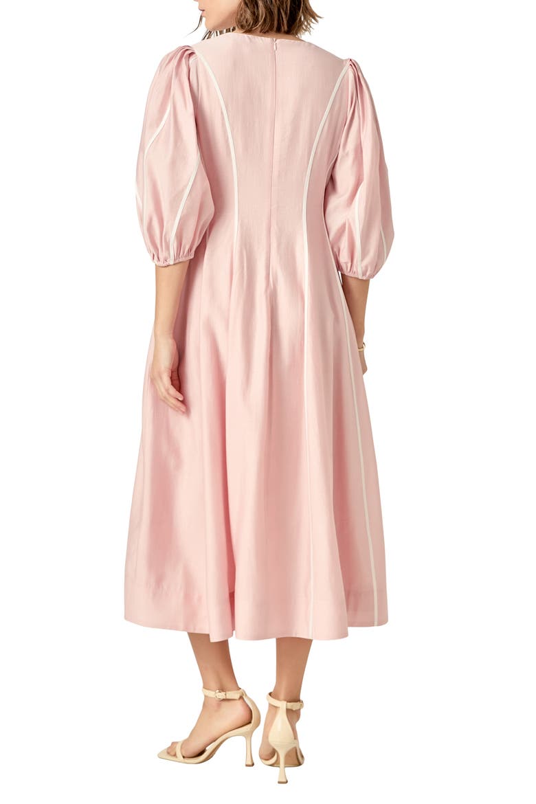 Contrast Binding Puff Shoulder Midi Dress