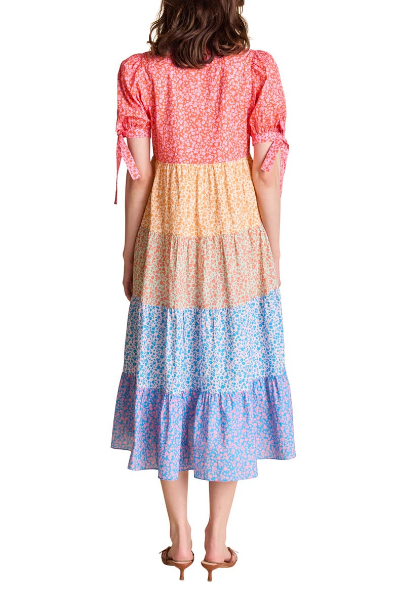 Floral Colorblock Tiered Cotton Midi Dress