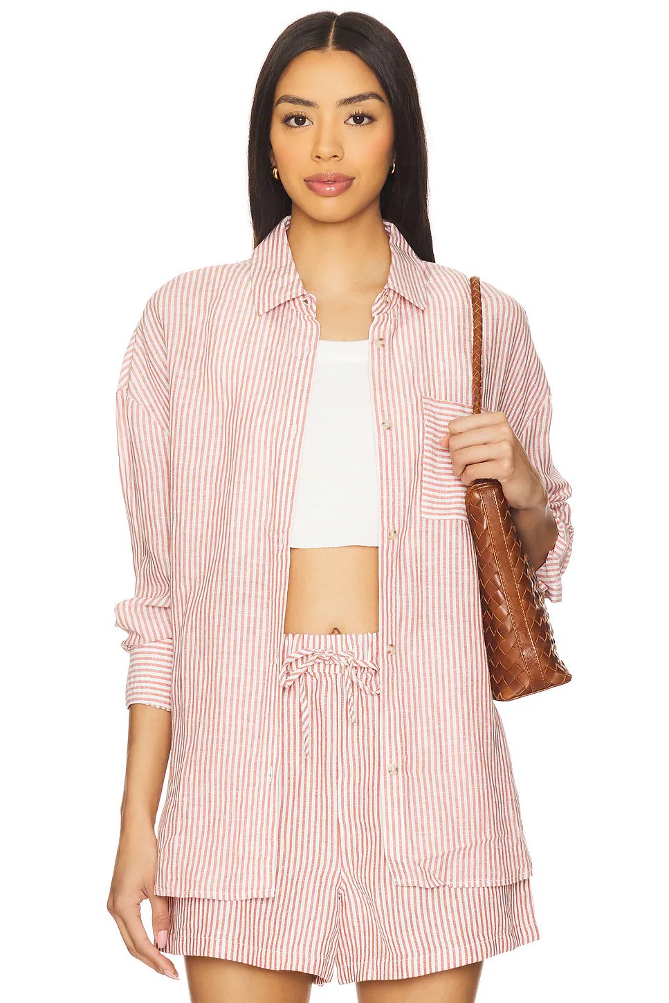 Air Linen Boyfriend Shirt in Oxblood & White - Image 1