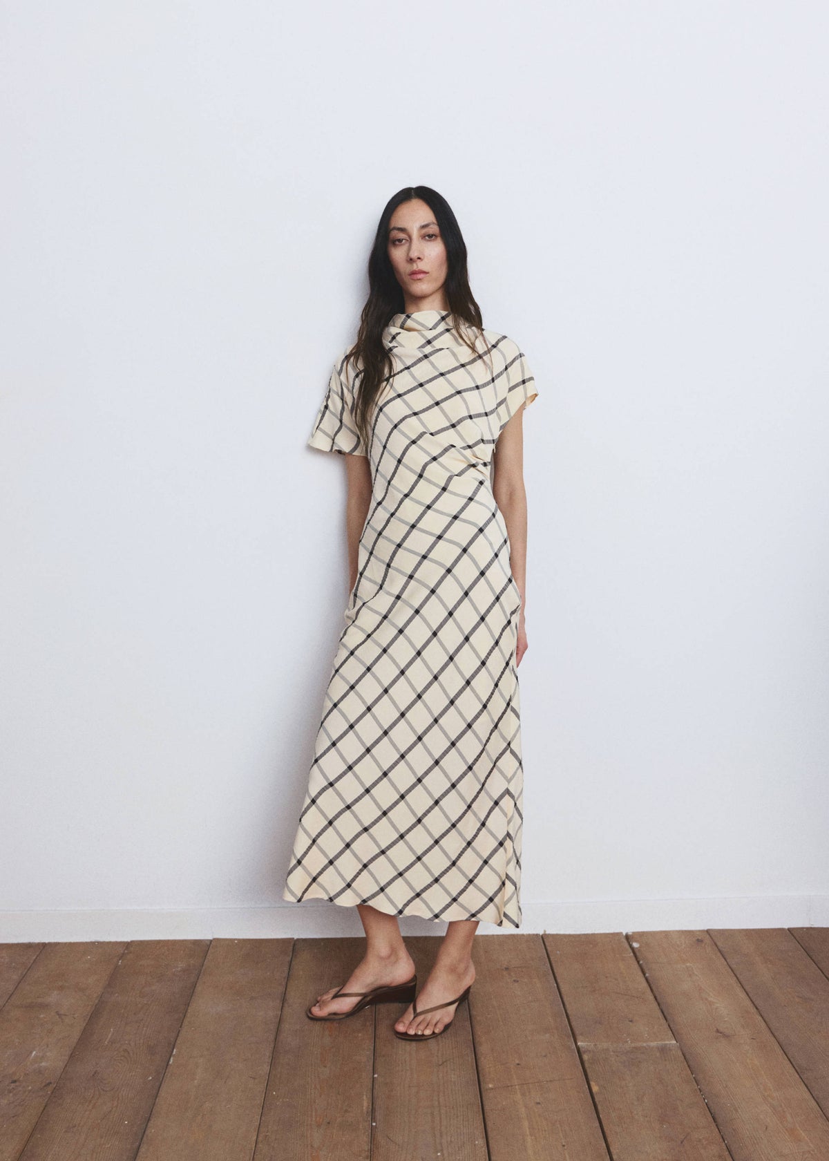 Checked dress with draped neckline