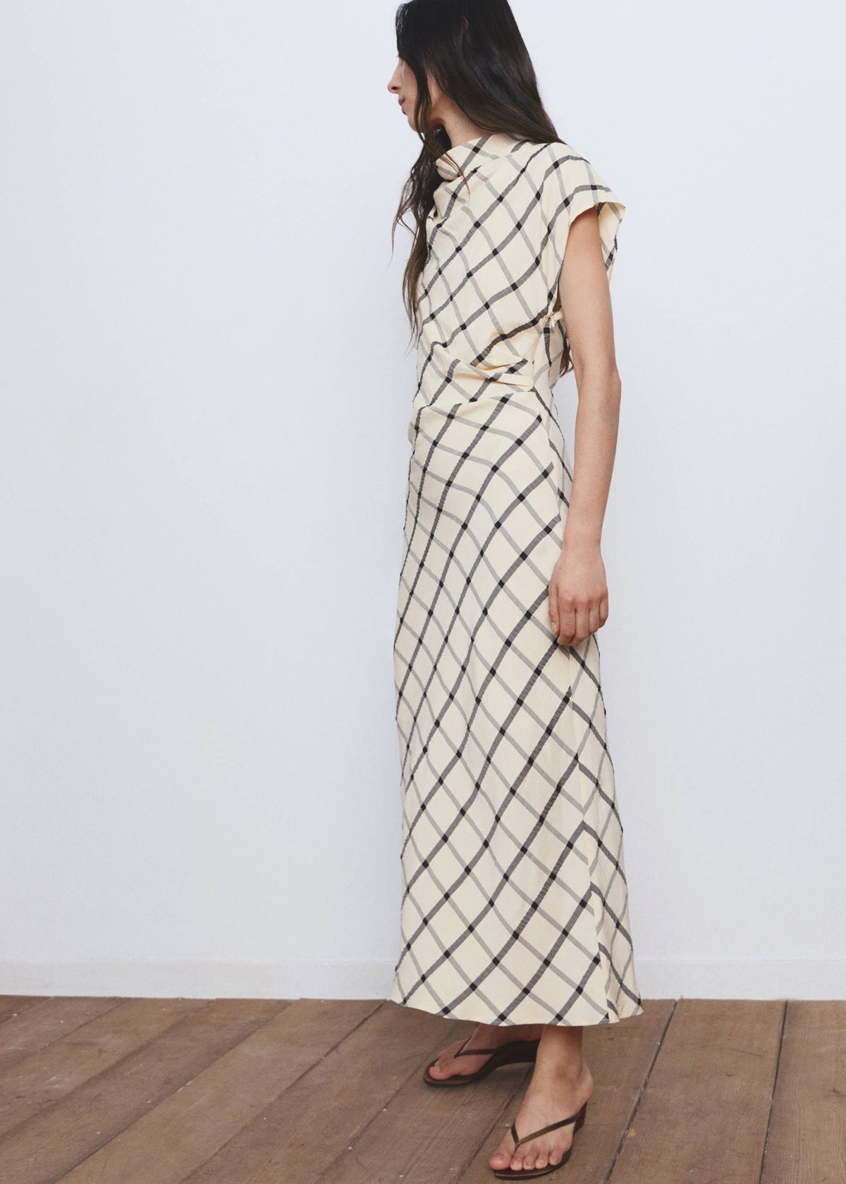 Checked dress with draped neckline