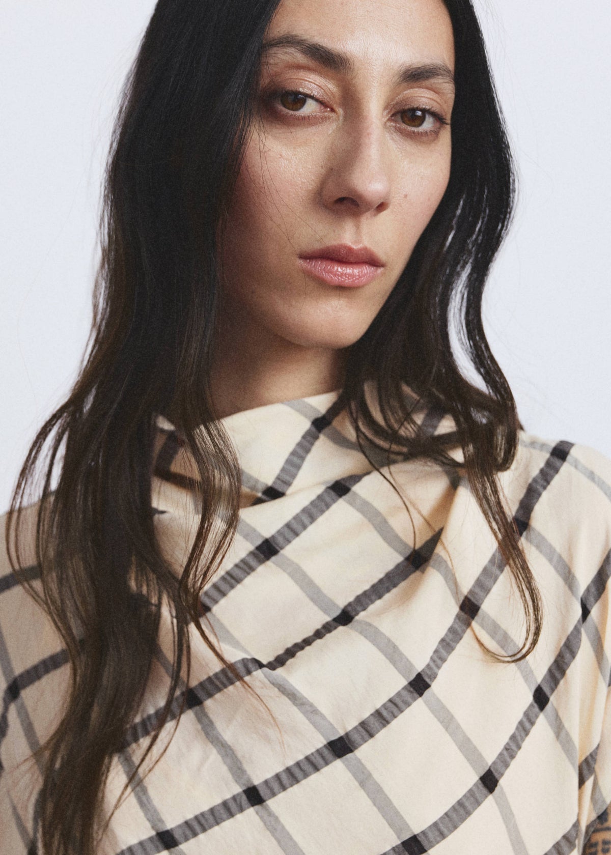 Checked dress with draped neckline